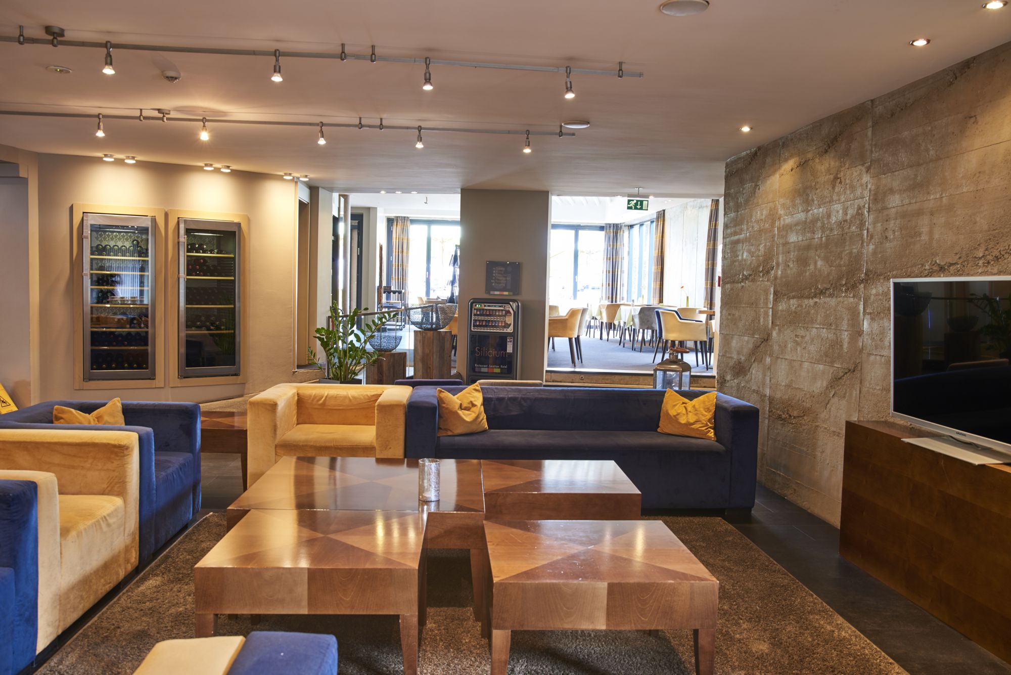 Moderner Loungebereich mit blauen und beigen Sofas, Holztischen, einem Fernseher und Blick durch Glastüren in einen Essbereich.
